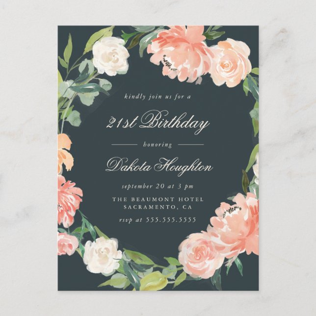 Grey Blush Peach Watercolor Flowers Birthday Party Invitation Postcard (Front)