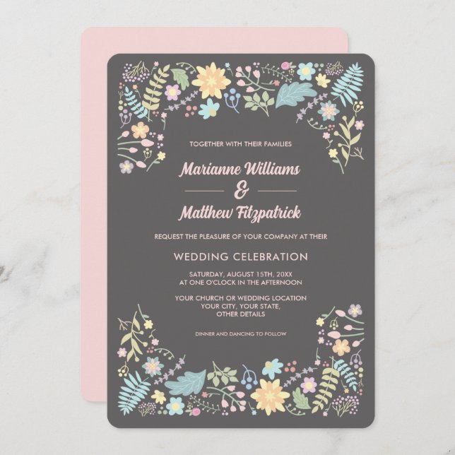 Grey Blush Pink Aqua Modern Floral Wedding  Invitation (Front/Back)