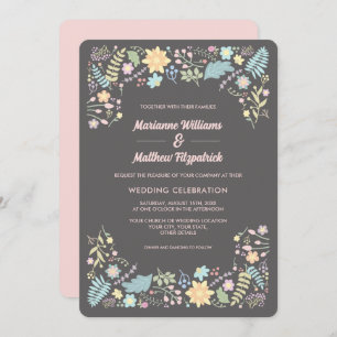 Grey Blush Pink Aqua Modern Floral Wedding  Invitation