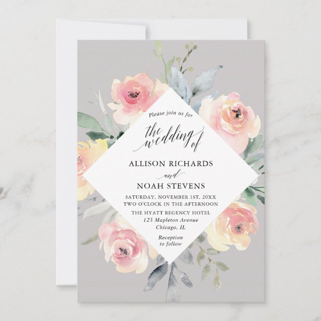 Grey blush pink floral modern geometric wedding invitation (Front)