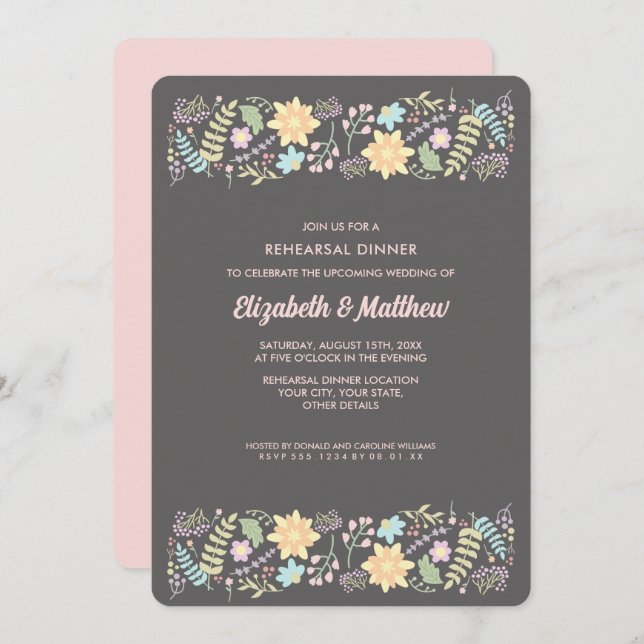Grey Blush Pink Modern Floral Rehearsal Dinner Invitation (Front/Back)