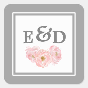 Grey   Blush Pink Peonies Monogram Wedding  Square Sticker