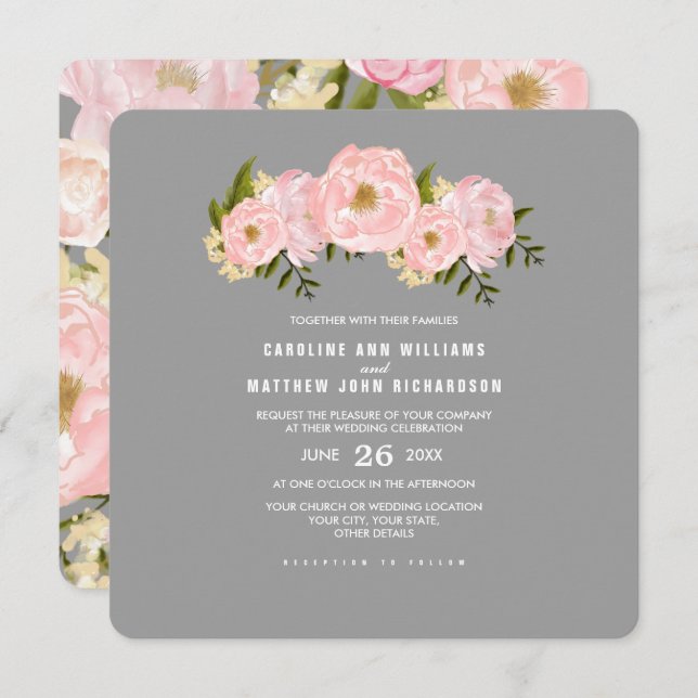 Grey | Blush Pink Peonies Watercolor Wedding Invitation (Front/Back)
