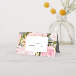 Grey   Blush Pink Peonies Watercolor Wedding Place Card