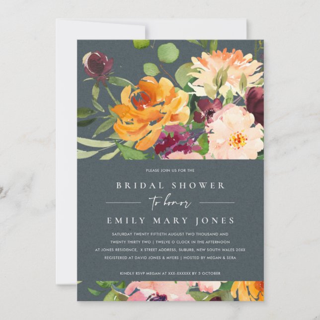 GREY BLUSH YELLOW ORANGE FLORAL BRIDAL SHOWER INVITATION (Front)