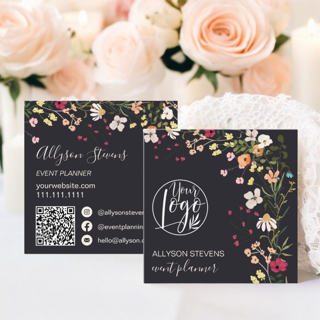 Grey Boho floral event planner logo qr code Square Business Card (Gray Boho floral event planner logo qr code Square Business Card)