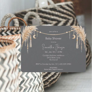 Grey Boho Pampas Baby Shower Invitation