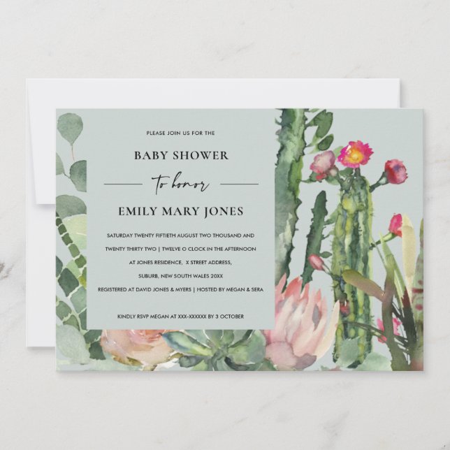 GREY BOHO PINK FLORAL CACTUS FOLIAGE BABY SHOWER INVITATION (Front)