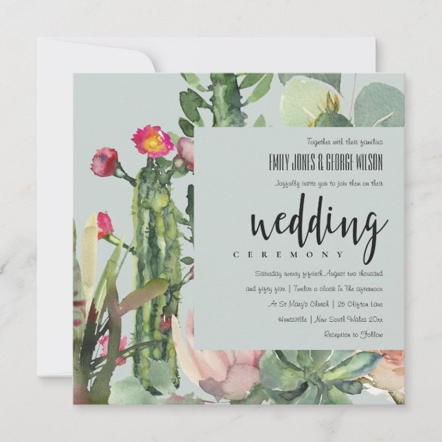 GREY BOHO PINK FLORAL DESERT CACTI FOLIAGE WEDDING INVITATION (Front)