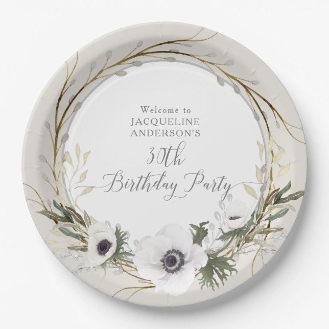Grey BOHO White Floral Twig Wreath Birthday Party Paper Plate (Front)