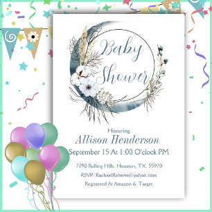 Grey Boho Wreath Baby Shower Invitation