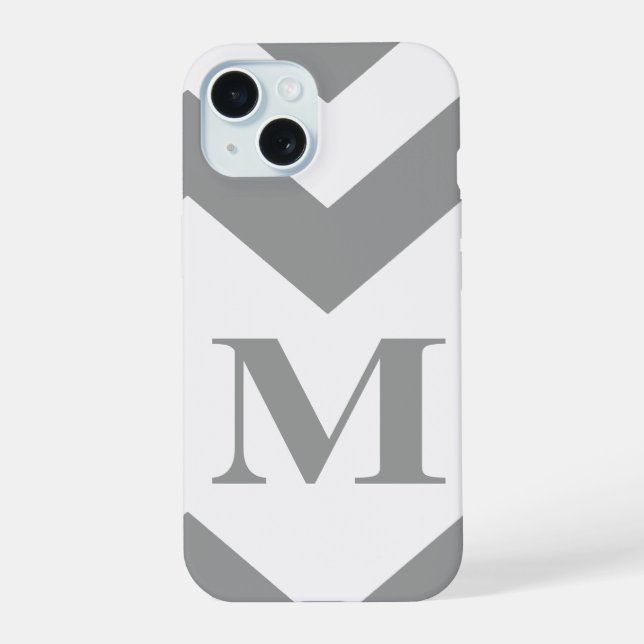 Grey Bold Chevron with monogram iPhone 15 Case (Back)