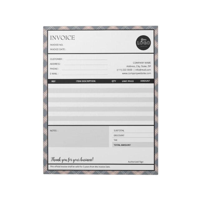 Grey Border Minimalist Business Invoice Template Notepad (Rotated)