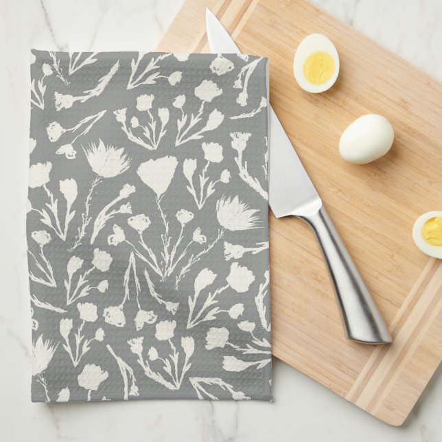 Grey Botanical Cottage Print Tea Towel (Quarter Fold)