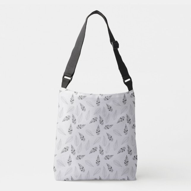 Grey Botanical Leaves Pattern Cross-Body Tote Bag (Front)