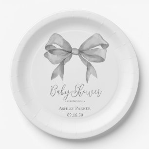 Grey Bow Boy Baby Shower Paper Plate