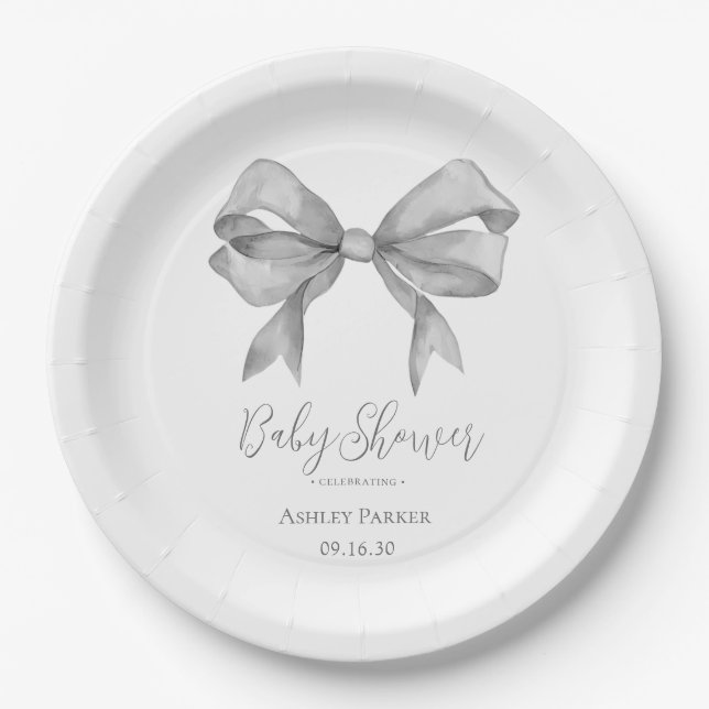 Grey Bow Boy Baby Shower Paper Plate (Front)