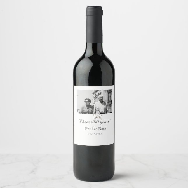 Grey bow cheers to 60 years anniversary wedding  wine label (Front)