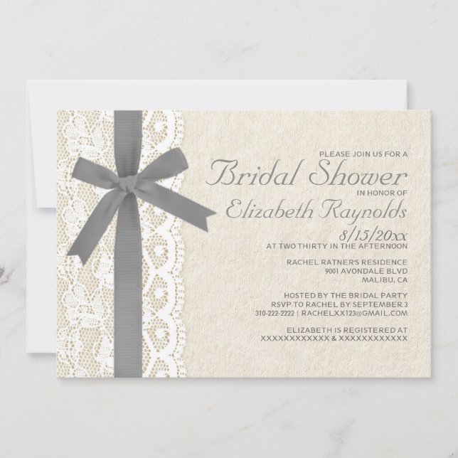 Grey Bow & Lace Bridal Shower Invitations (Front)