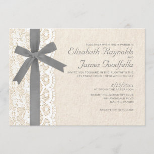Grey Bow & Lace Wedding Invitations