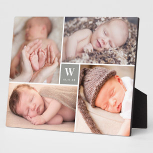 Grey Box Simple Monogram New Baby Photo Collage Plaque