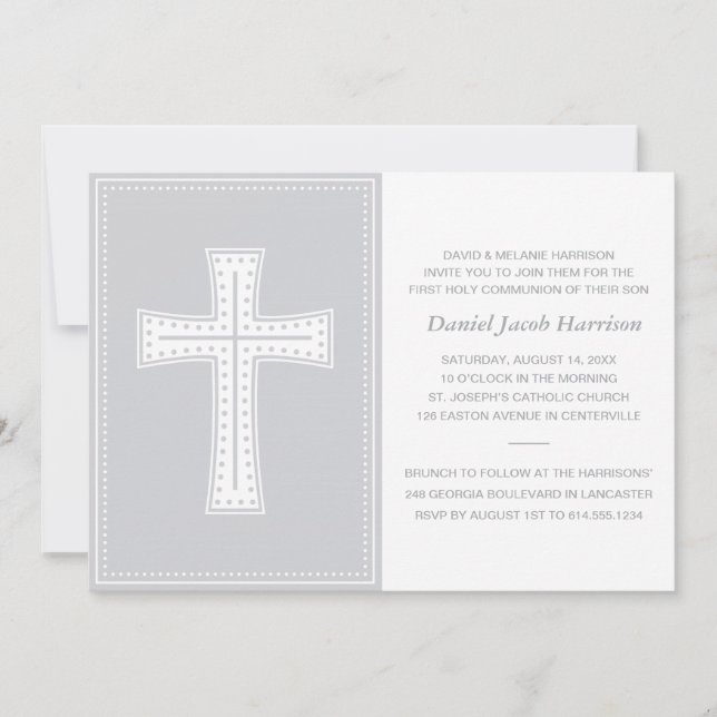 Grey Boys First Communion Invitation (Front)