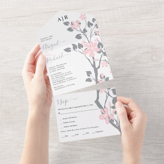 Grey branch with pink flowers initials wedding  all in one invitation (Tearaway)