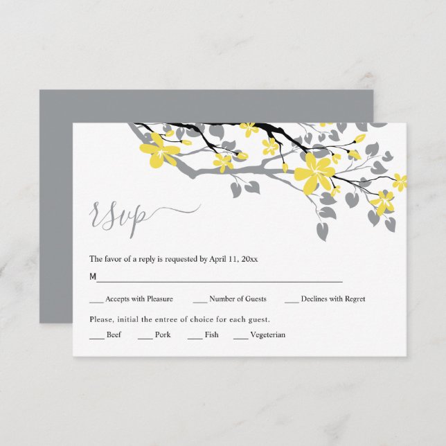 Grey branch with yellow flowers floral wedding RSVP card (Front/Back)