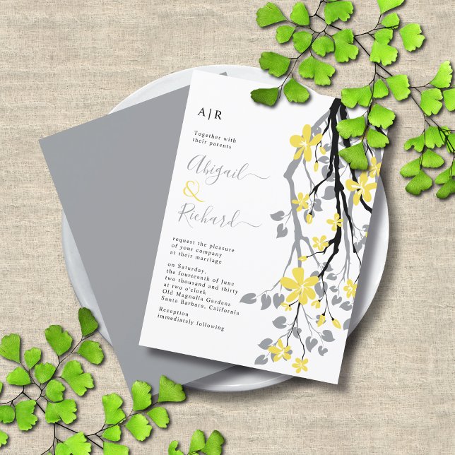 Grey branch with yellow flowers initials wedding invitation (Creator Uploaded)
