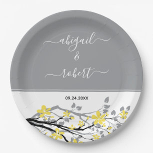 Grey branch with yellow flowers, initials wedding paper plate