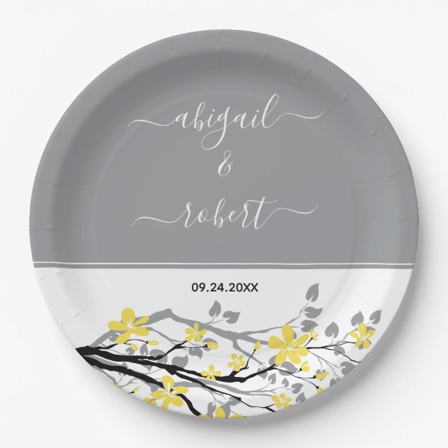 Grey branch with yellow flowers, initials wedding paper plate (Front)