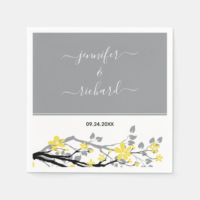 Grey branch with yellow flowers, names wedding napkin (Front)