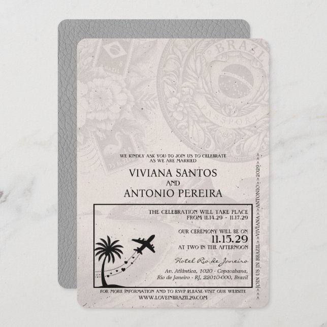 Grey Brazil Passport Wedding Invitation (Front/Back)