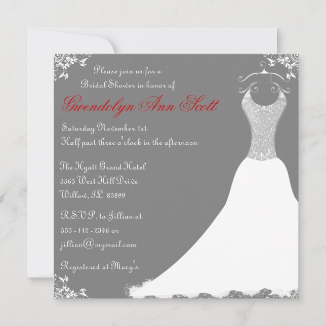 Grey Bridal Shower Wedding Gown Invitation (Front)