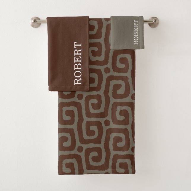  Grey &Brown Abstract Pattern personalised name Bath Towel Set (Insitu)