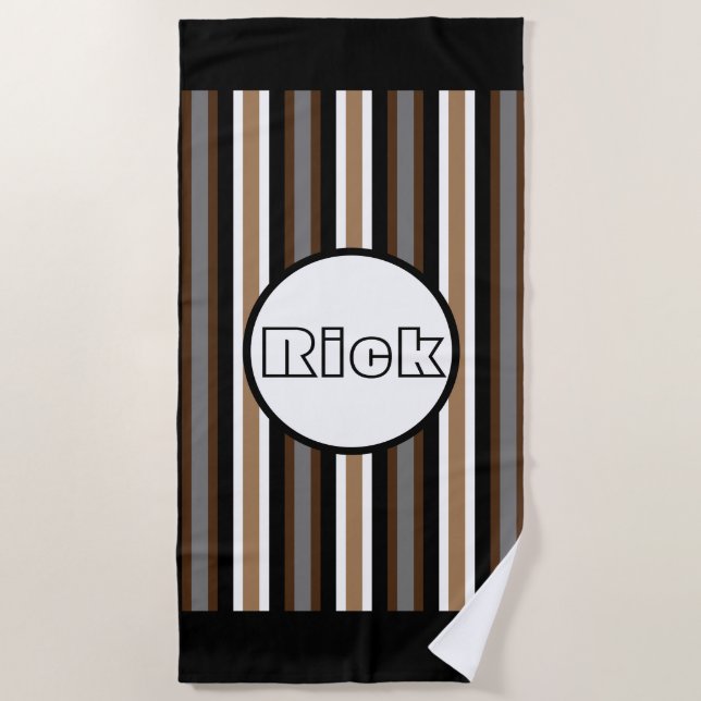 Grey, Brown and Black Stripes With Name Beach Towel (Front)