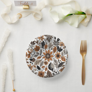 Grey Brown Floral Pattern Autumn Wedding Paper Plate