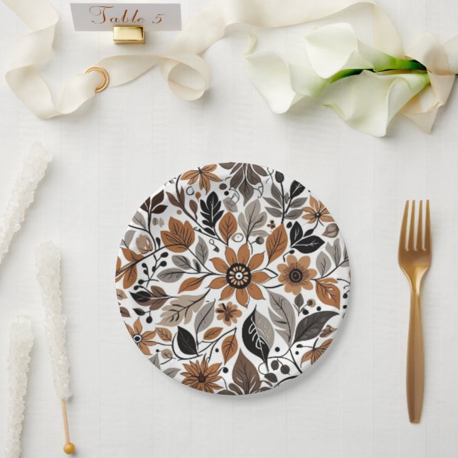 Grey Brown Floral Pattern Autumn Wedding  Paper Plate (Wedding)