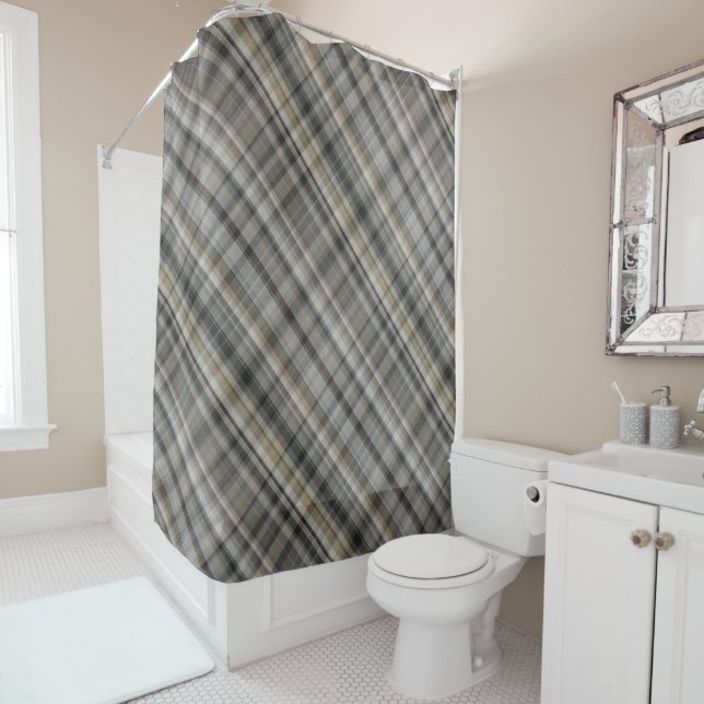 Grey Brown Plaid Rustic Neutral Shower Curtain (In Situ)