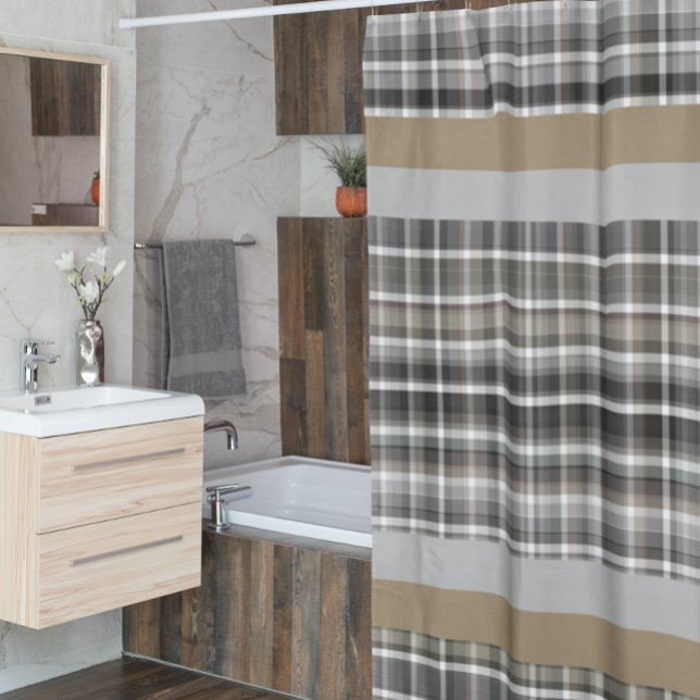 Grey Brown Plaid Rustic Neutral Stripes Tan Shower Curtain (Creator Uploaded)