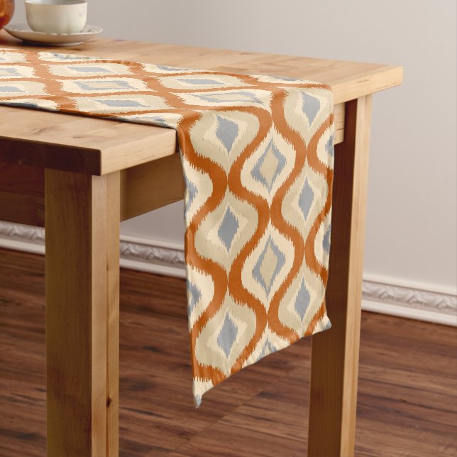 Grey Brown Taupe Beige Ikat Ogee Art Pattern Medium Table Runner (In Situ)