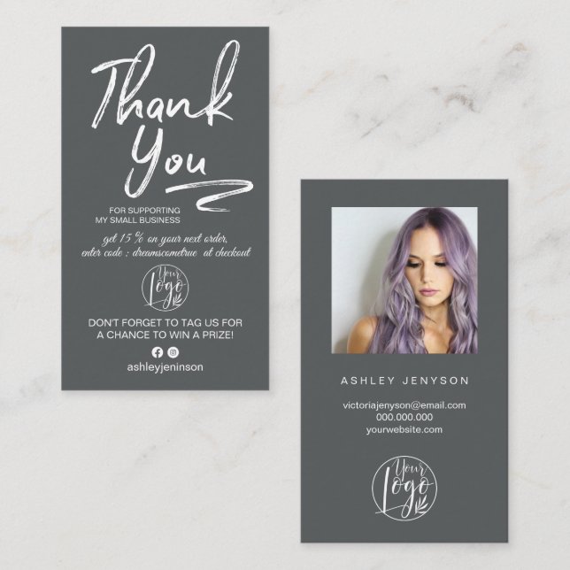 Grey brushed script photo logo order thank you business card (Front/Back)