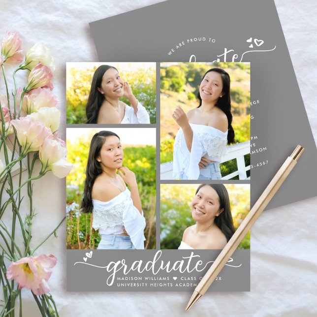 Grey Budget Graduation 4 Photo Script Invitation  (Creator Uploaded)