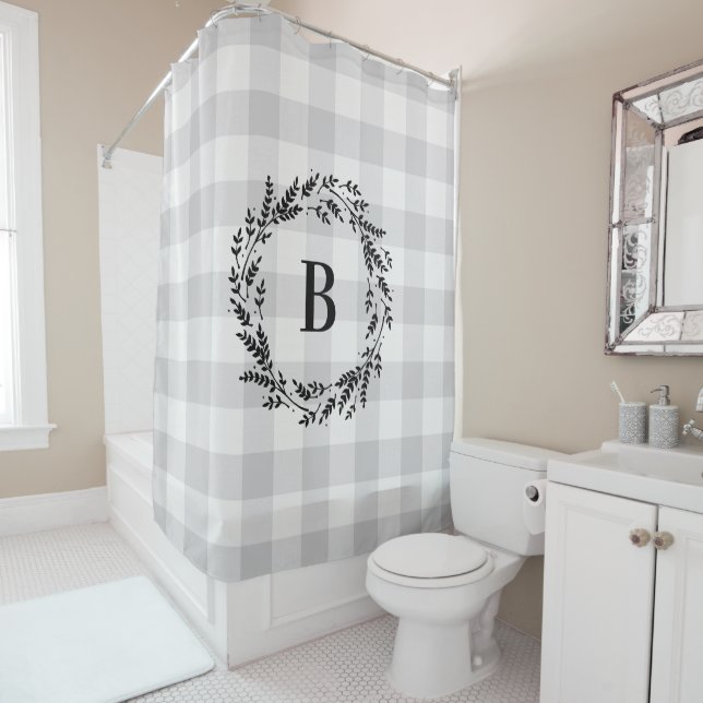 Grey Buffalo Check Monogram | Farmhouse Bathroom Shower Curtain (In Situ)