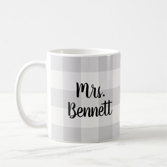 Grey Buffalo Check Mrs. Monogram Coffee Mug (Left)