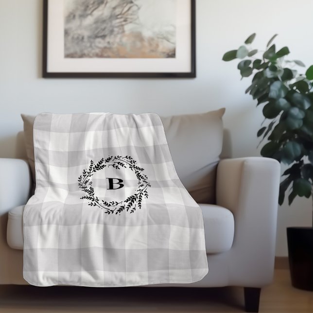 Grey Buffalo Check Wreath Monogram | Farmhouse Sherpa Blanket (Creator Uploaded)