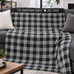 Grey Buffalo Plaid Family Name Monogram Fleece Blanket