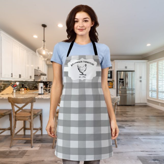 Grey Buffalo Plaid Farm Chicken Apron (Gray Buffalo Plaid Farm Chicken Personalized Apron)