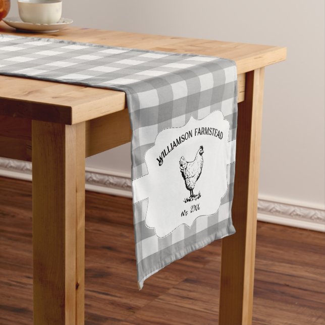 Grey Buffalo Plaid Farm Chicken Short Table Runner (In Situ)