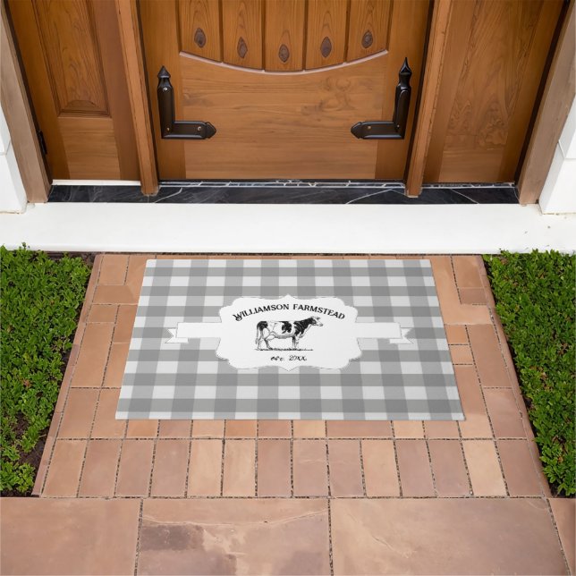 Grey Buffalo Plaid Farm Cow Doormat (Outdoor)